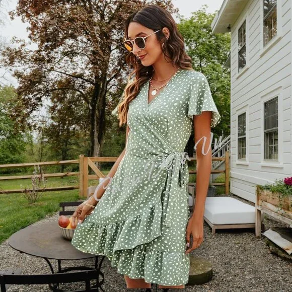 Ready for Spring Light Airy V Neck Wrap Midi Patterned Sage Ruffle Drop Dress - Picture 3 of 13